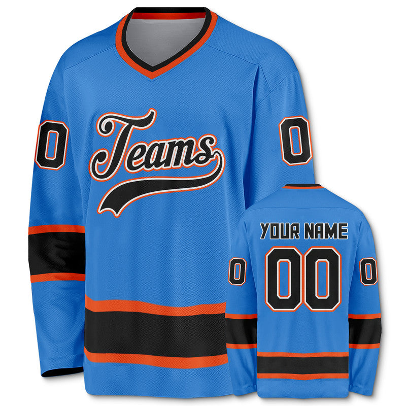 Custom Powder Blue Black-Orange Authentic Hockey Jersey