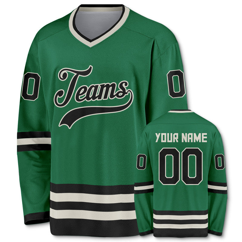 Custom Kelly Green Black-Beige Authentic Hockey Jersey