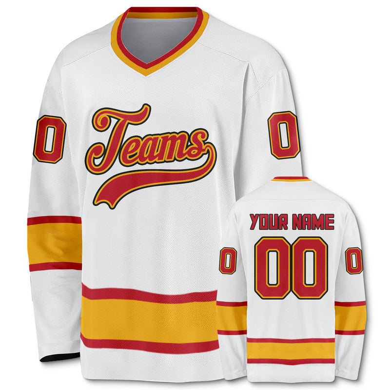 Custom White Red-Gold Authentic Hockey Jersey