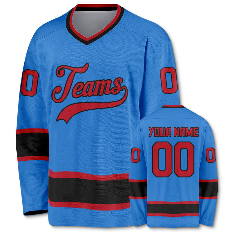 Custom Powder Blue Red-Black Authentic Hockey Jersey