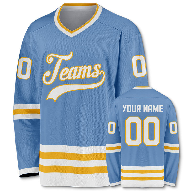 Custom Light Blue White-Gold Authentic Hockey Jersey