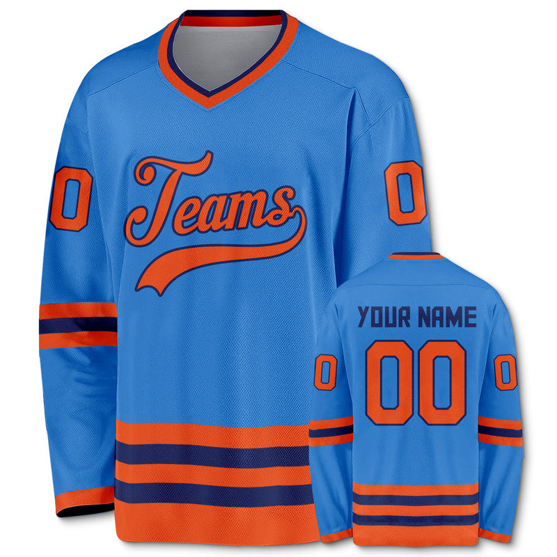 Custom Powder Blue Orange-Black Authentic Hockey Jersey