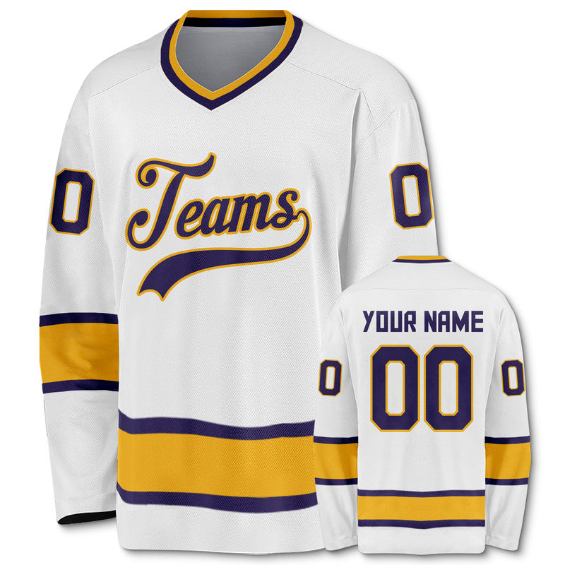 Custom White Purple-Gold Authentic Hockey Jersey