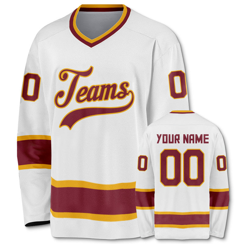 Custom White Crimson-Gold Authentic Hockey Jersey