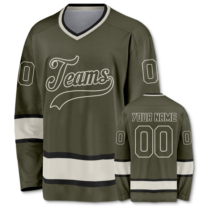 Custom Olive Beige-Black Authentic Hockey Jersey