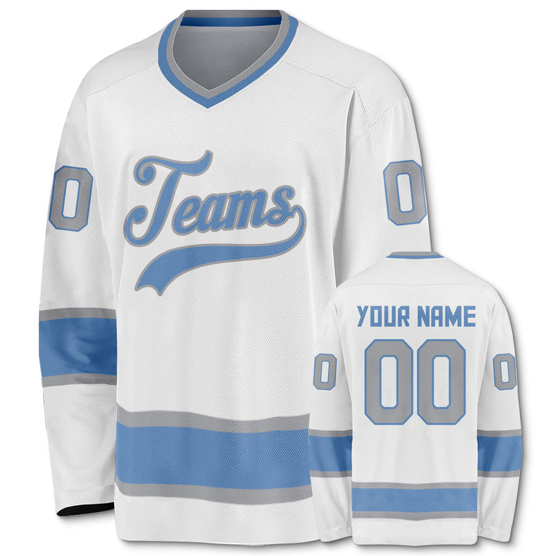 Custom White Light Blue-Gray Authentic Hockey Jersey