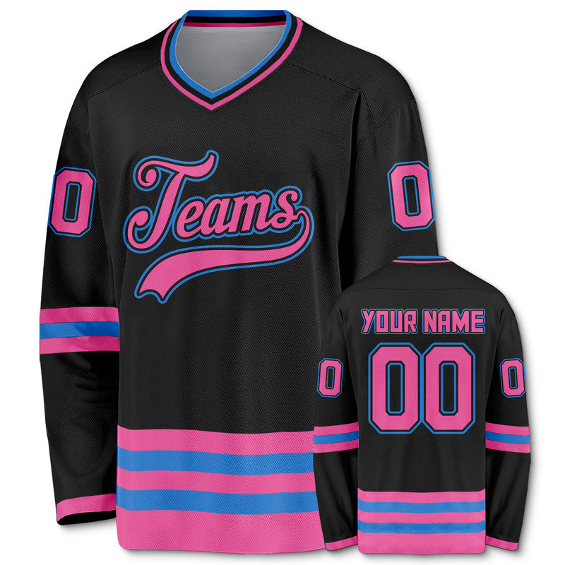 Custom Black Pink-Powder Blue Authentic Hockey Jersey