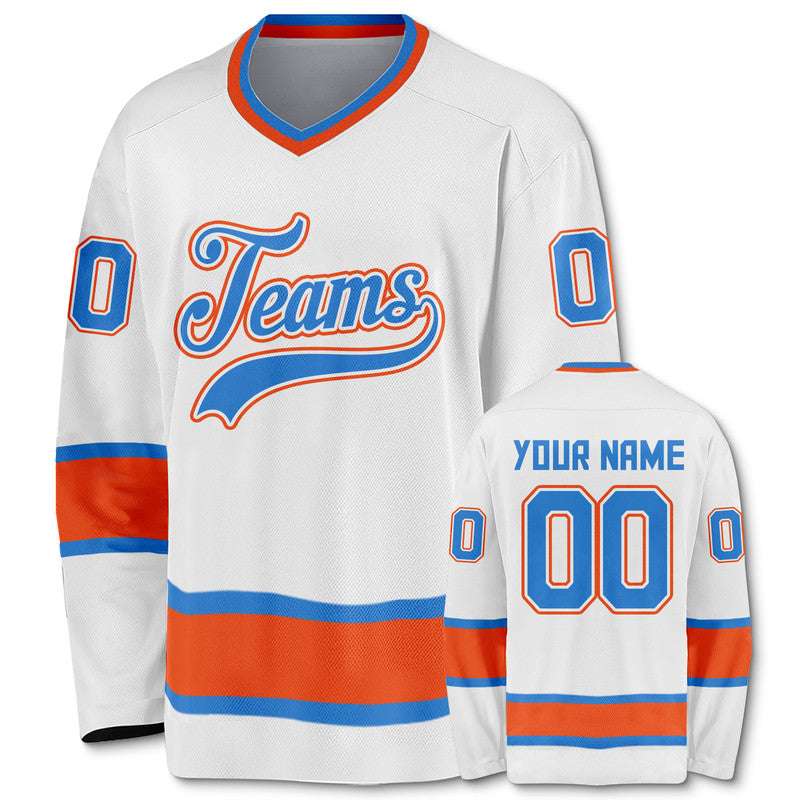 Custom White Powder Blue-Orange Authentic Hockey Jersey