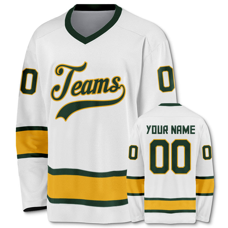 Custom White Kelly Green-Gold Authentic Hockey Jersey