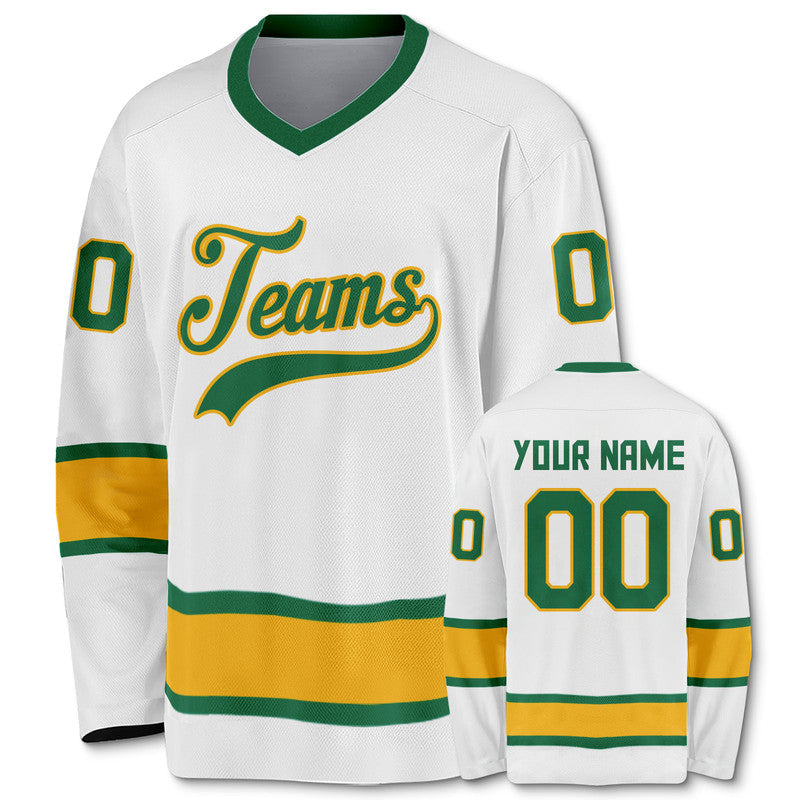 Custom White Green-Gold Authentic Hockey Jersey