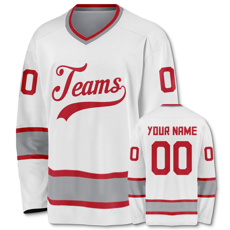 Custom White Red-Gray Authentic Hockey Jersey