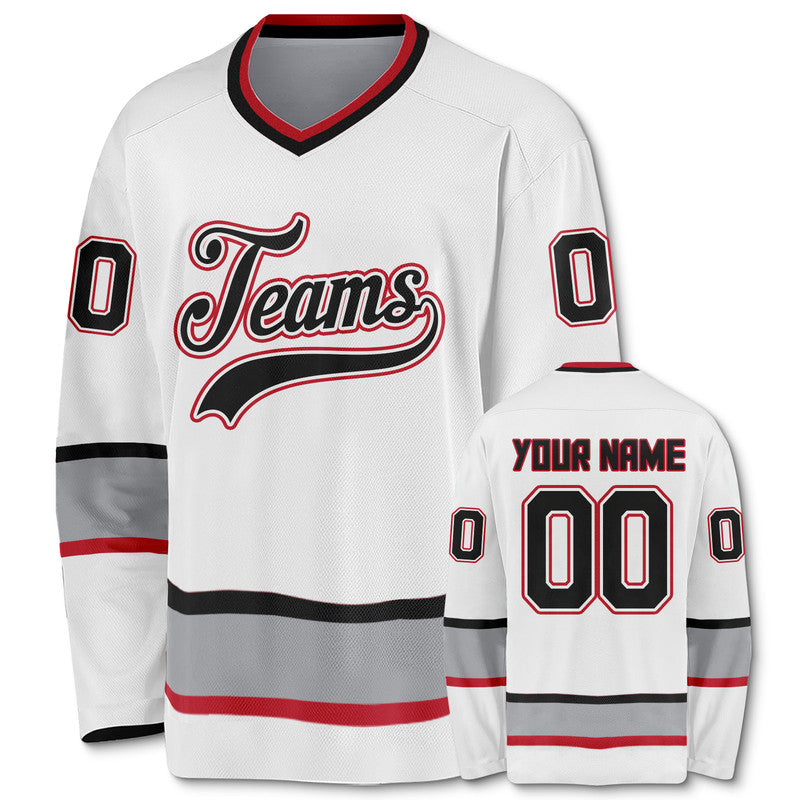 Custom White Black Gray-Red Authentic Hockey Jersey