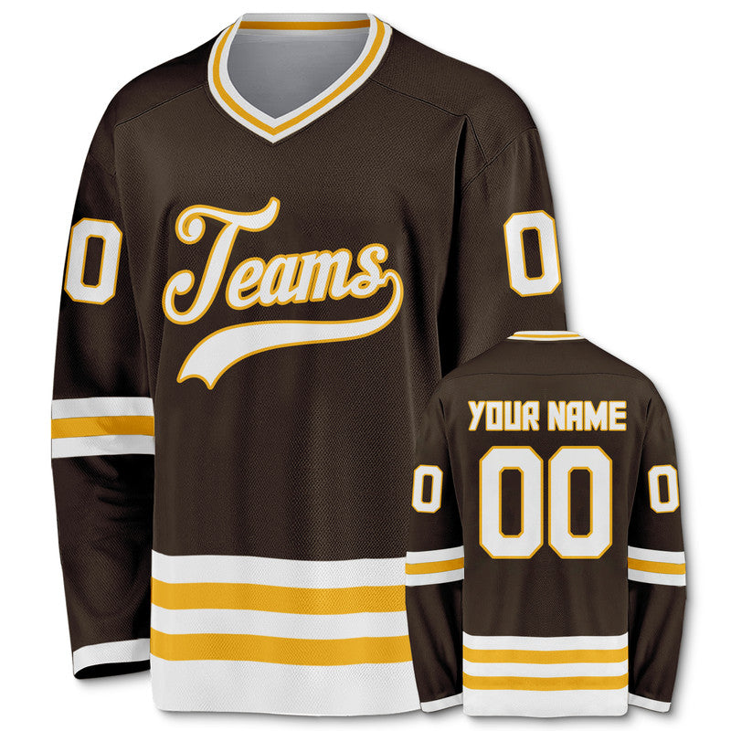 Custom Brown White-Gold Authentic Hockey Jersey