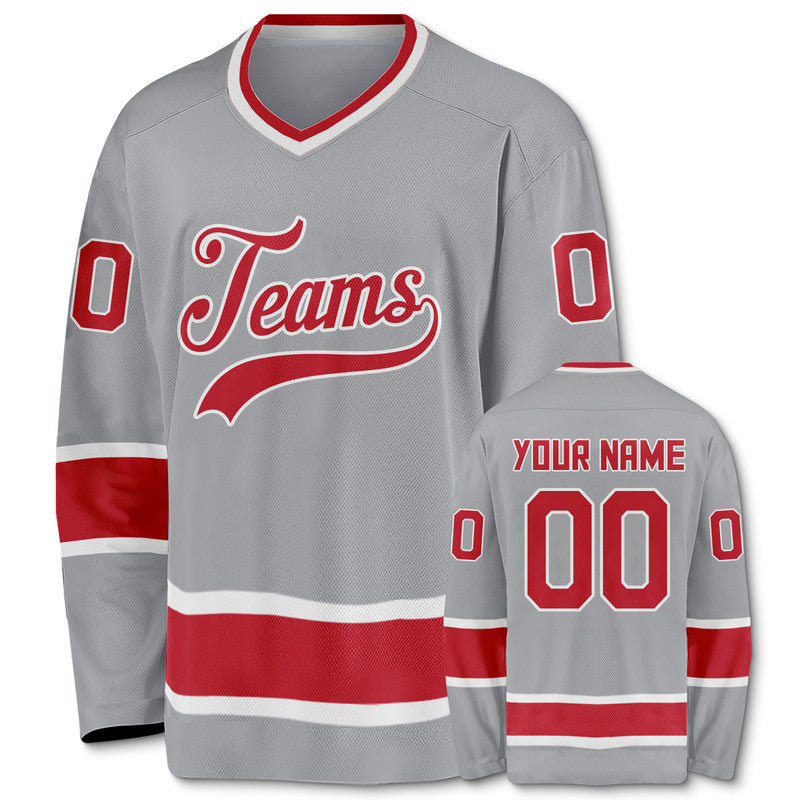 Custom Gray Red-White Authentic Hockey Jersey