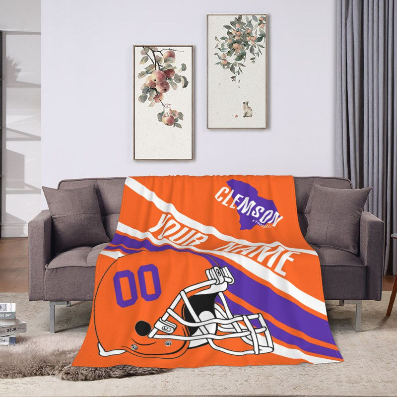 Custom Football Clemson Fleece Throw Blanket With Name Number for Fans Gifts