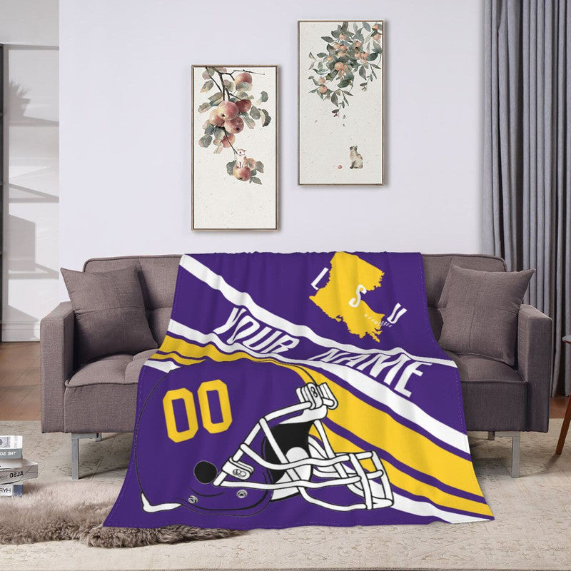 Custom Football LSU Fleece Throw Blanket With Name Number for Fans Gifts