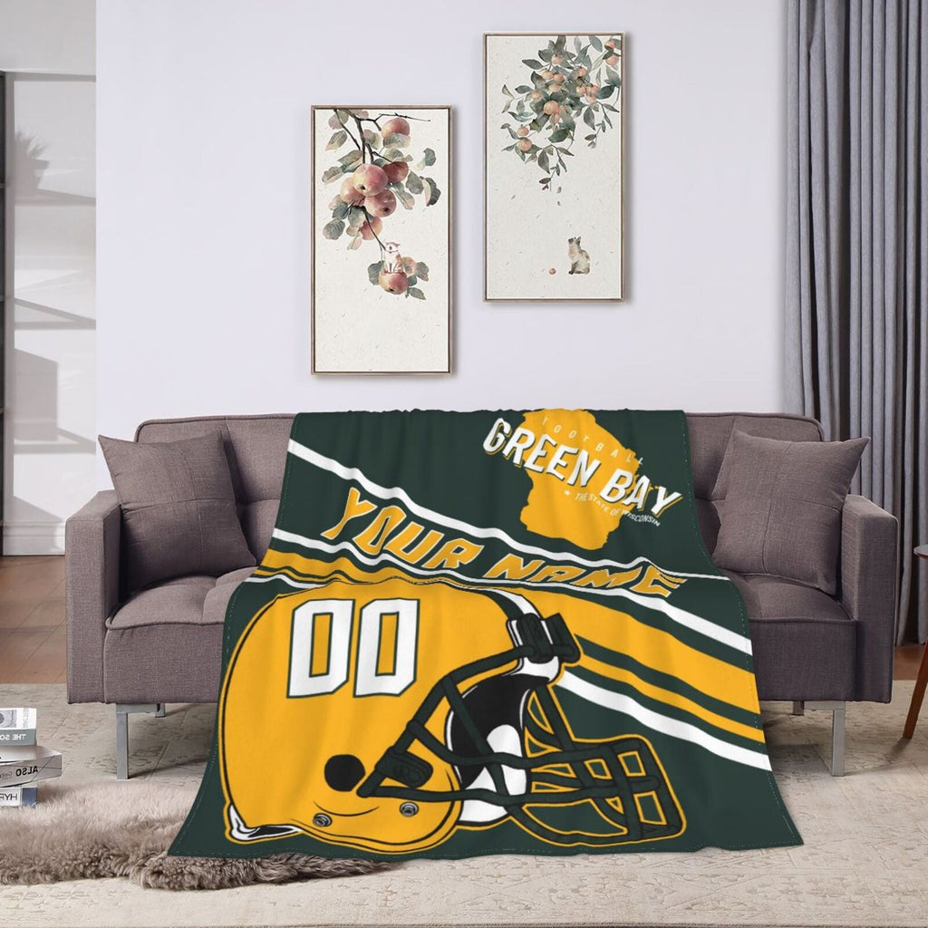 Custom Football City Map Green Bay Fleece Throw Blanket Name Number for Fans Gifts