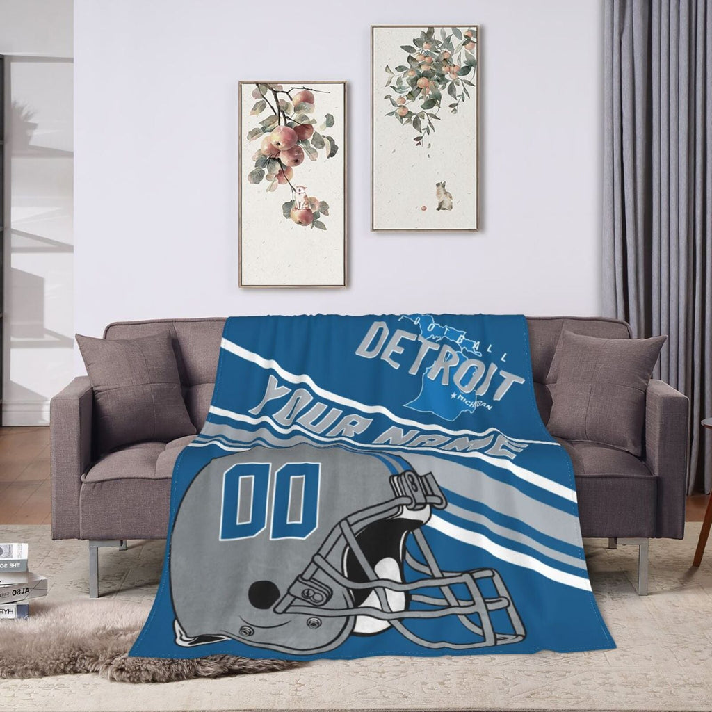 Custom Football City Map Detroit Fleece Throw Blanket Name Number for Fans Gifts