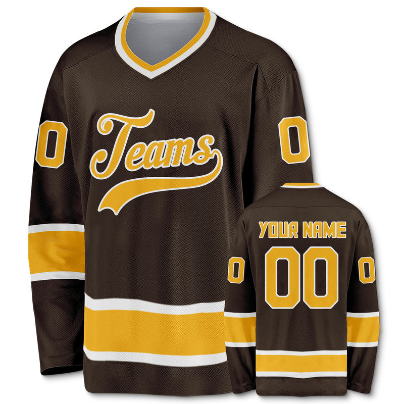 Custom Brown Gold-White Authentic Hockey Jersey