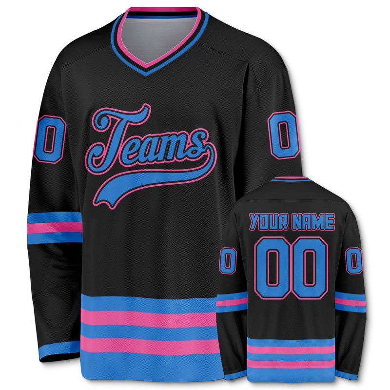 Custom Black Powder Blue-Pink Authentic Hockey Jersey