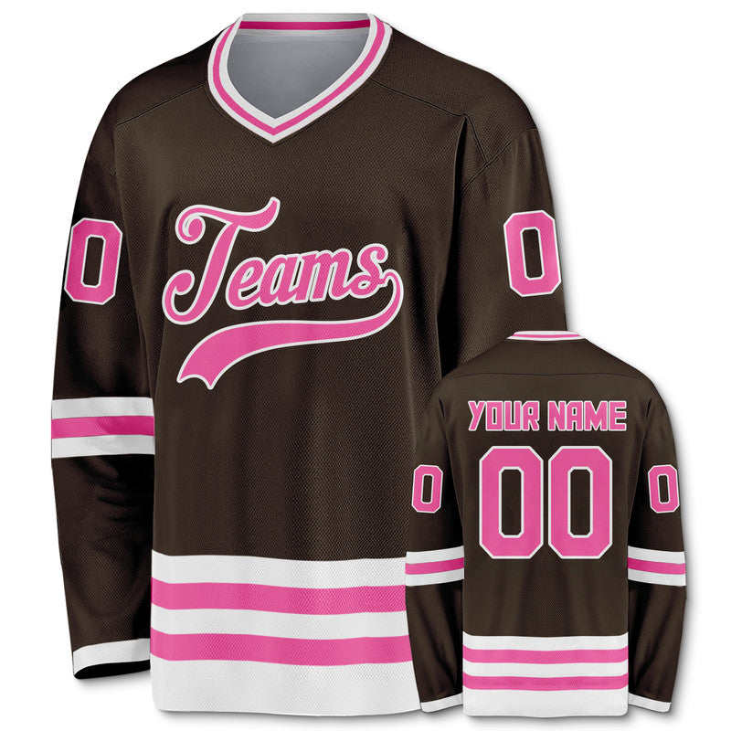 Custom Brown Pink-White Authentic Hockey Jersey