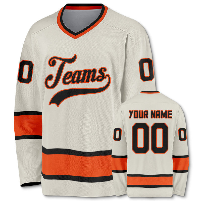 Custom Cream Black-Orange Authentic Hockey Jersey