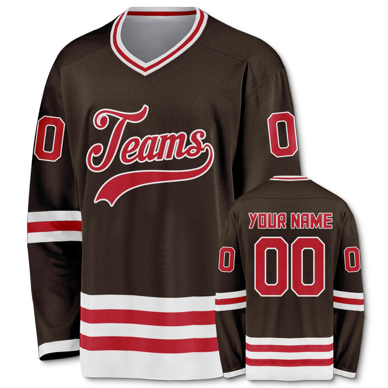 Custom Brown Red-White Authentic Hockey Jersey