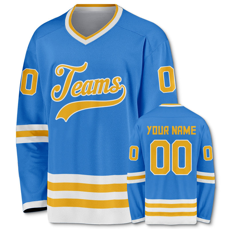 Custom Powder Blue Gold-White Authentic Hockey Jersey