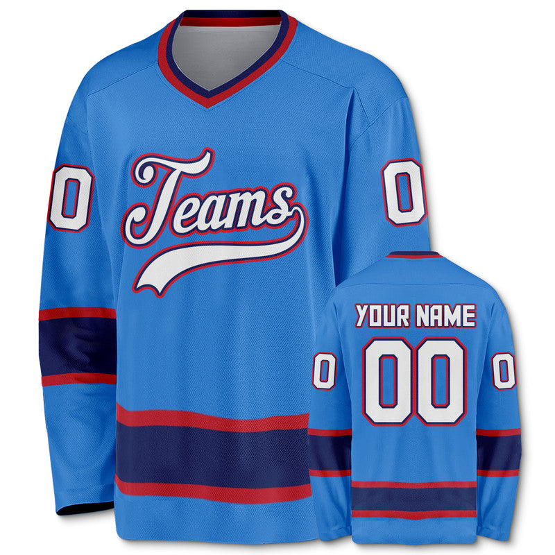 Custom Powder Blue White Red-Navy Authentic Hockey Jersey