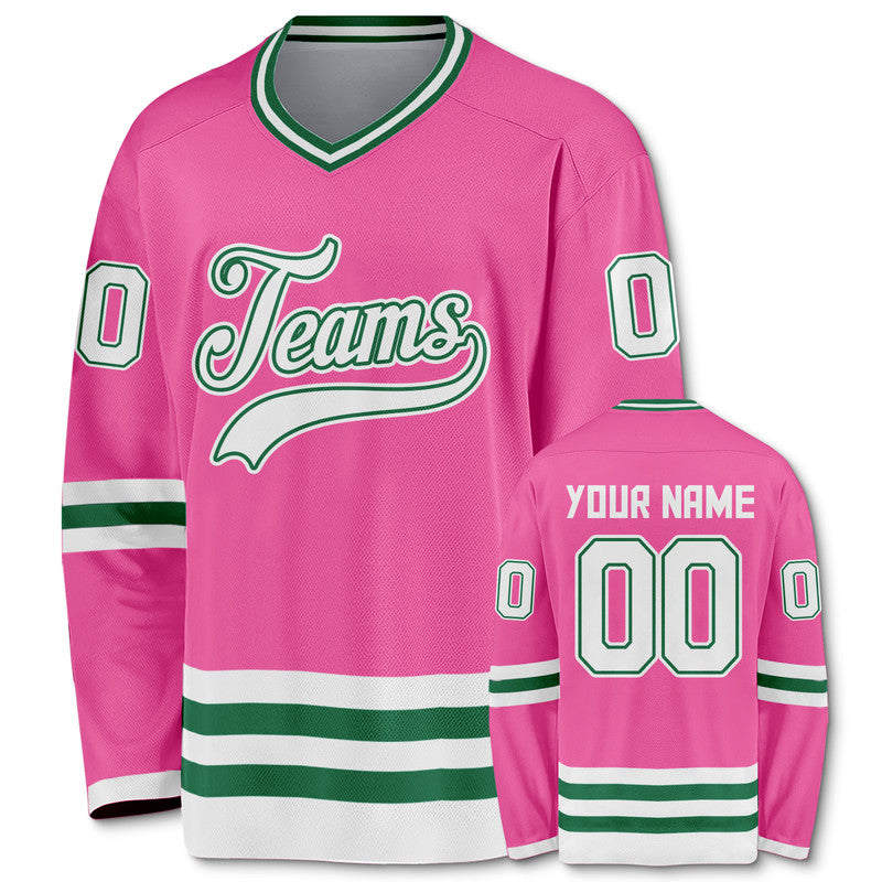 Custom Pink White-Kelly Green Authentic Hockey Jersey