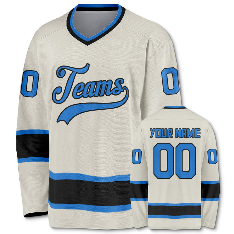 Custom Cream Light Blue-Black Authentic Hockey Jersey