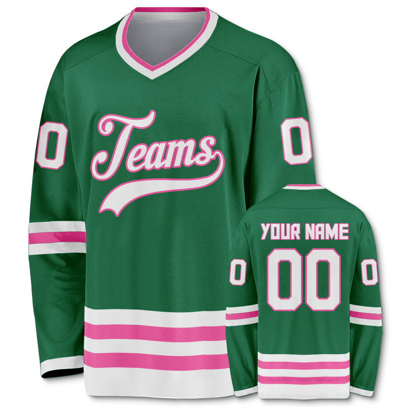 Custom Kelly Green White-Pink Authentic Hockey Jersey