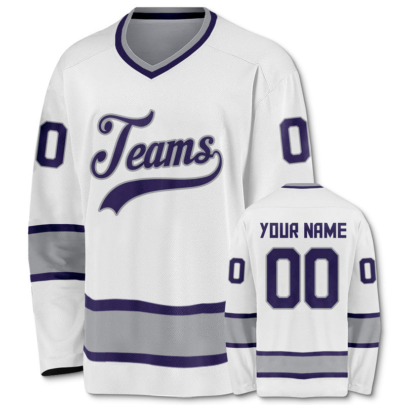 Custom White Purple-Gray Authentic Hockey Jersey