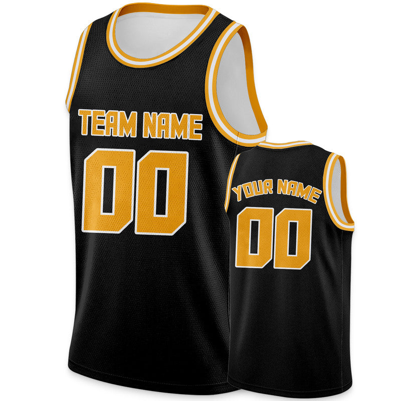 Custom Black Gold Round Neck Rib-Knit Basketball Jersey