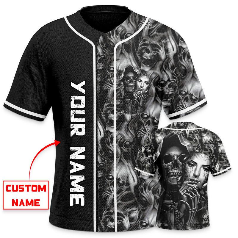 Black White Half Mask Half Reaper Skull Custom Baseball Jersey