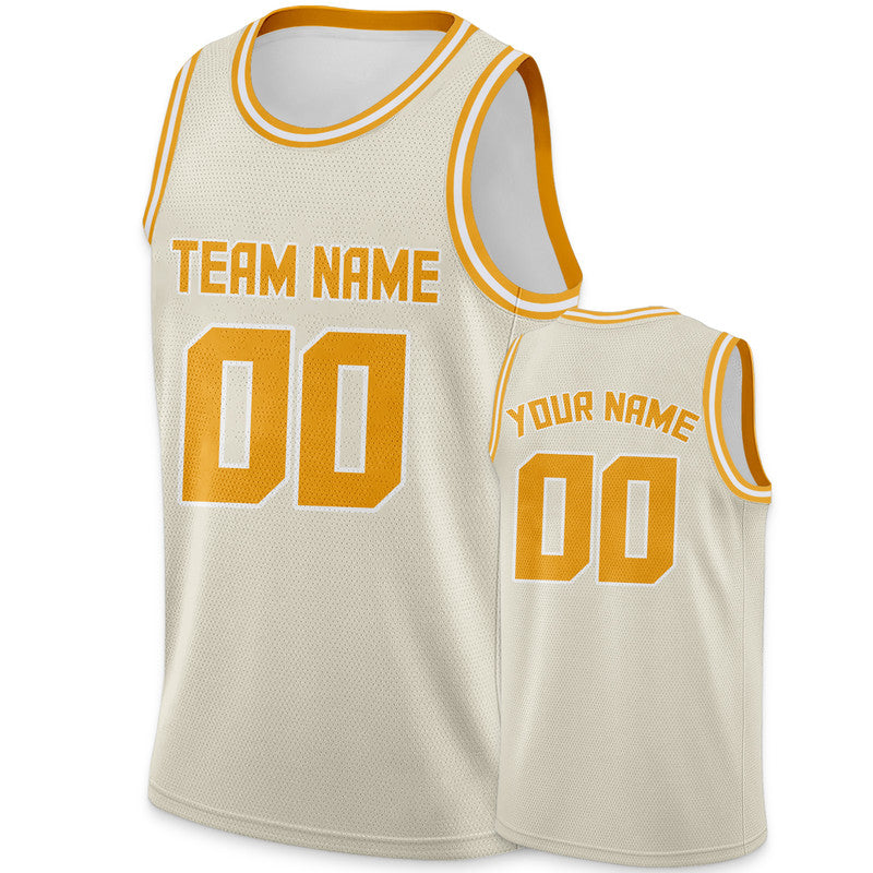 Custom Cream Gold Round Neck Rib-Knit Basketball Jersey