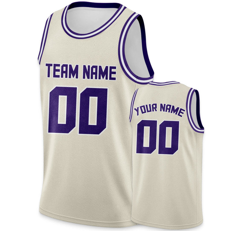 Custom Cream Purple Round Neck Rib-Knit Basketball Jersey