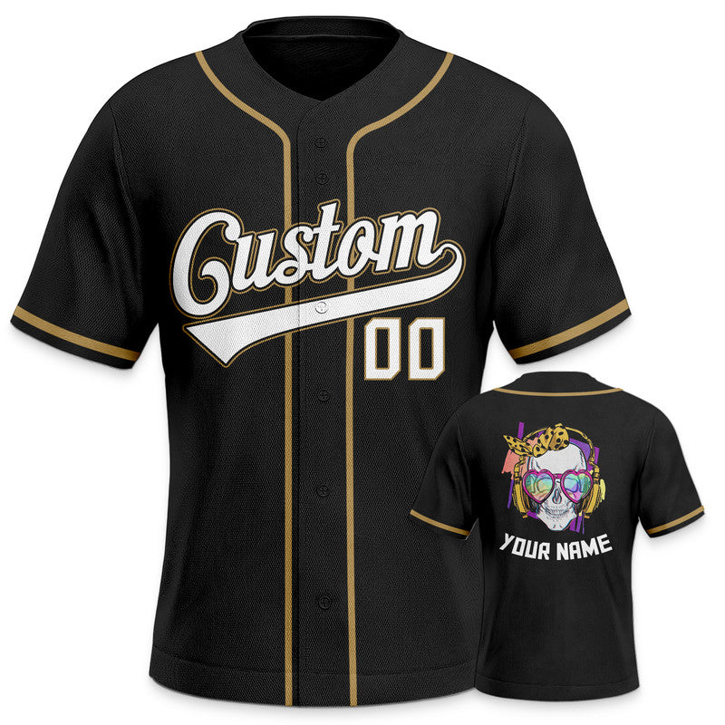 Custom Black Black-Old Gold Authentic Skull Fashion Baseball Jersey 2