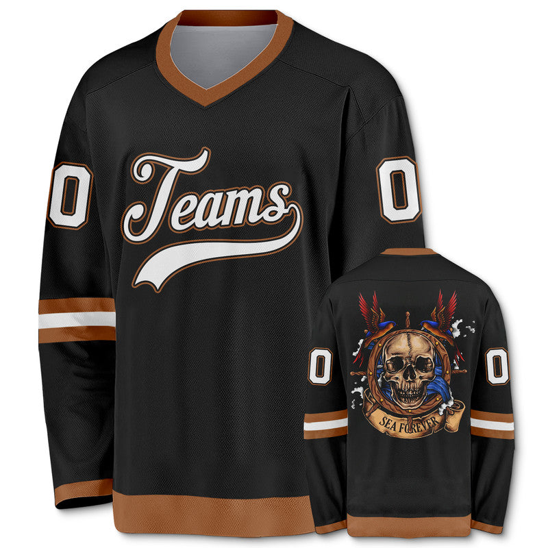 Custom Black Black-Old Gold Authentic Skull Fashion Hockey Jersey-1