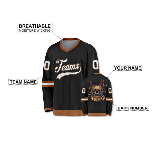 Custom Black Black-Old Gold Authentic Skull Fashion Hockey Jersey-1