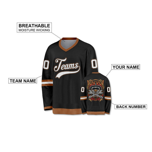 Custom Black Black-Old Gold Authentic Skull Fashion Hockey Jersey-2