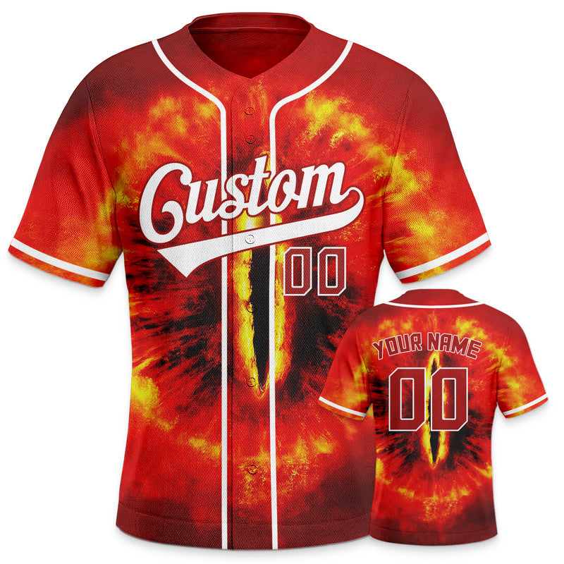 Custom Black Gold-Red 3D Pattern Design Burning Evil Eye In Space Authentic Baseball Jersey