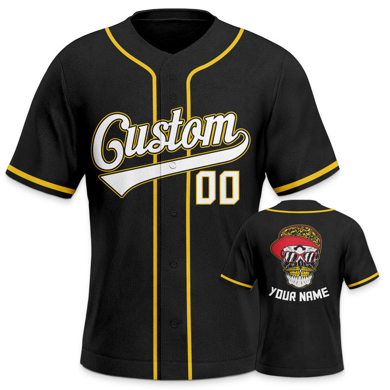 Custom Black Gold-White Authentic Skull Fashion Baseball Jersey