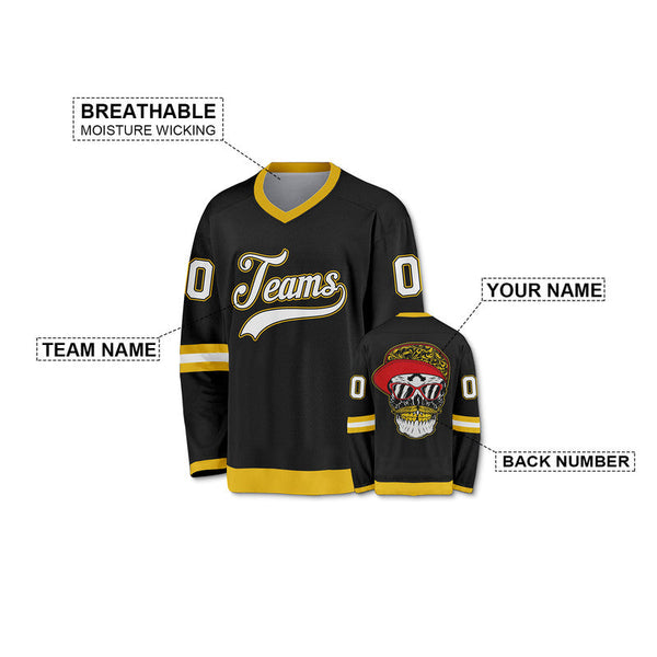 Custom Black Gold-White Authentic Skull Fashion Hockey Jersey