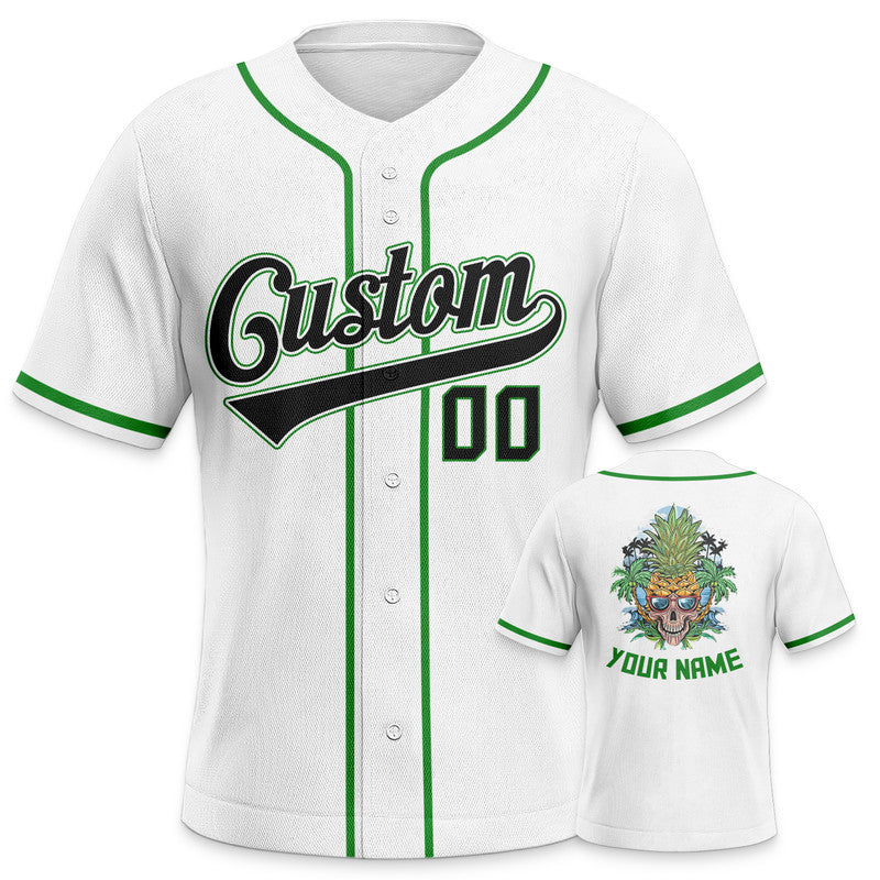 Custom White Kelly Green-Gold Authentic Skull Pineapple Head Baseball Jersey