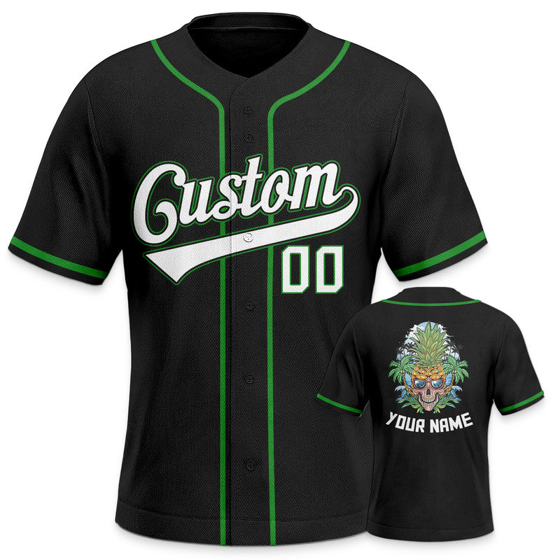 Custom Black Kelly Green-Gold Authentic Skull Pineapple Head Baseball Jersey