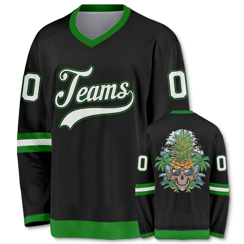 Custom Black Kelly Green-Gold Authentic Skull Pineapple Head Hockey Jersey