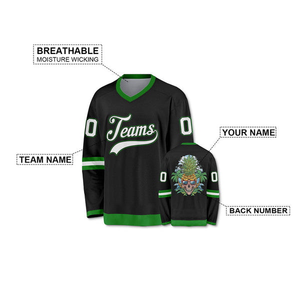 Custom Black Kelly Green-Gold Authentic Skull Pineapple Head Hockey Jersey