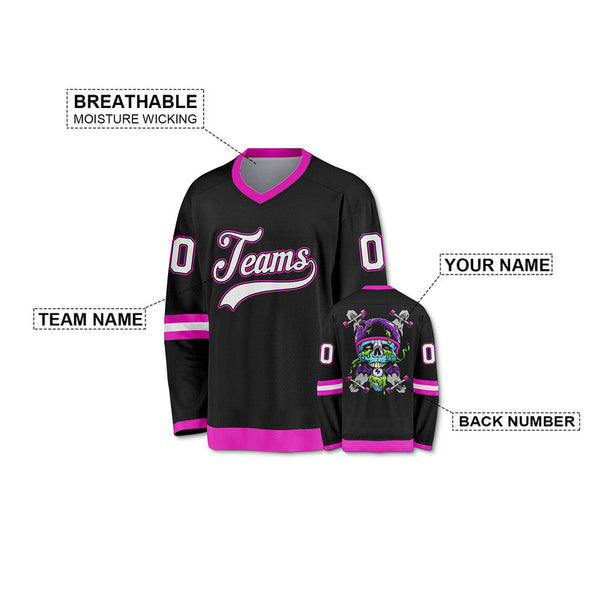 Custom Black Light Blue-Pink Authentic Skull Fashion Hockey Jersey