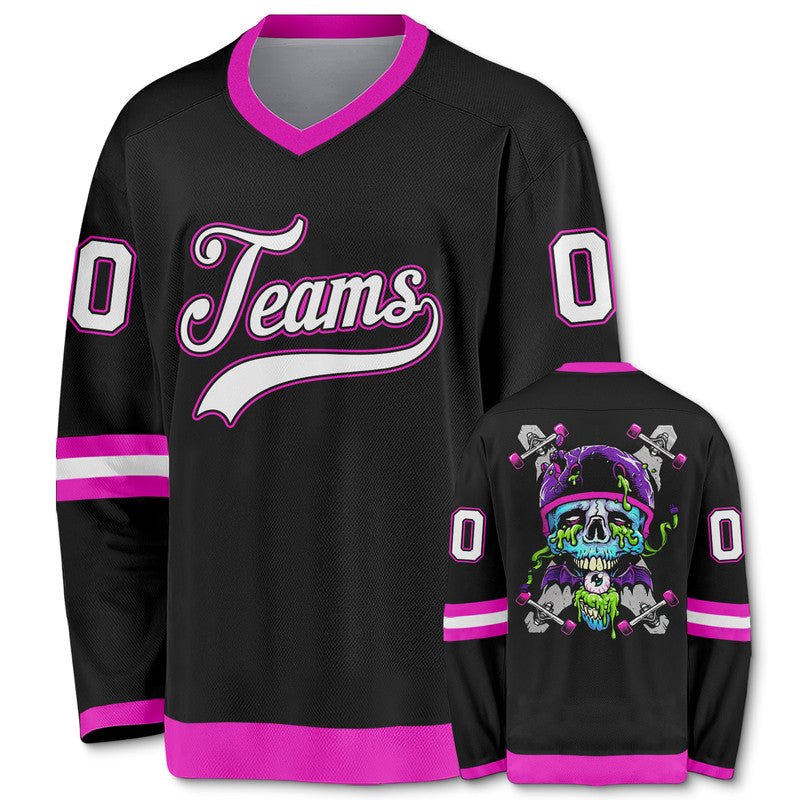 Custom Black Light Blue-Pink Authentic Skull Fashion Hockey Jersey